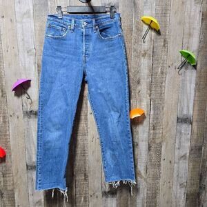Levis 501 Custom Cropped Raw Hem High Rise Button Fly Jeans